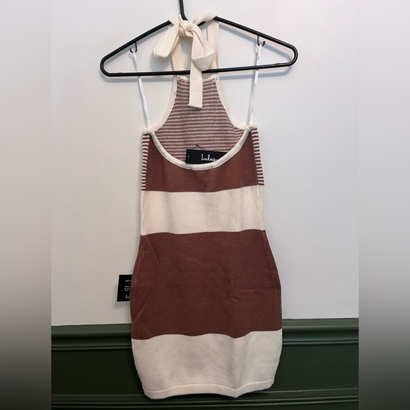 Lulu's Cream and Brown Halter Midi Dress - Picture 4 of 5